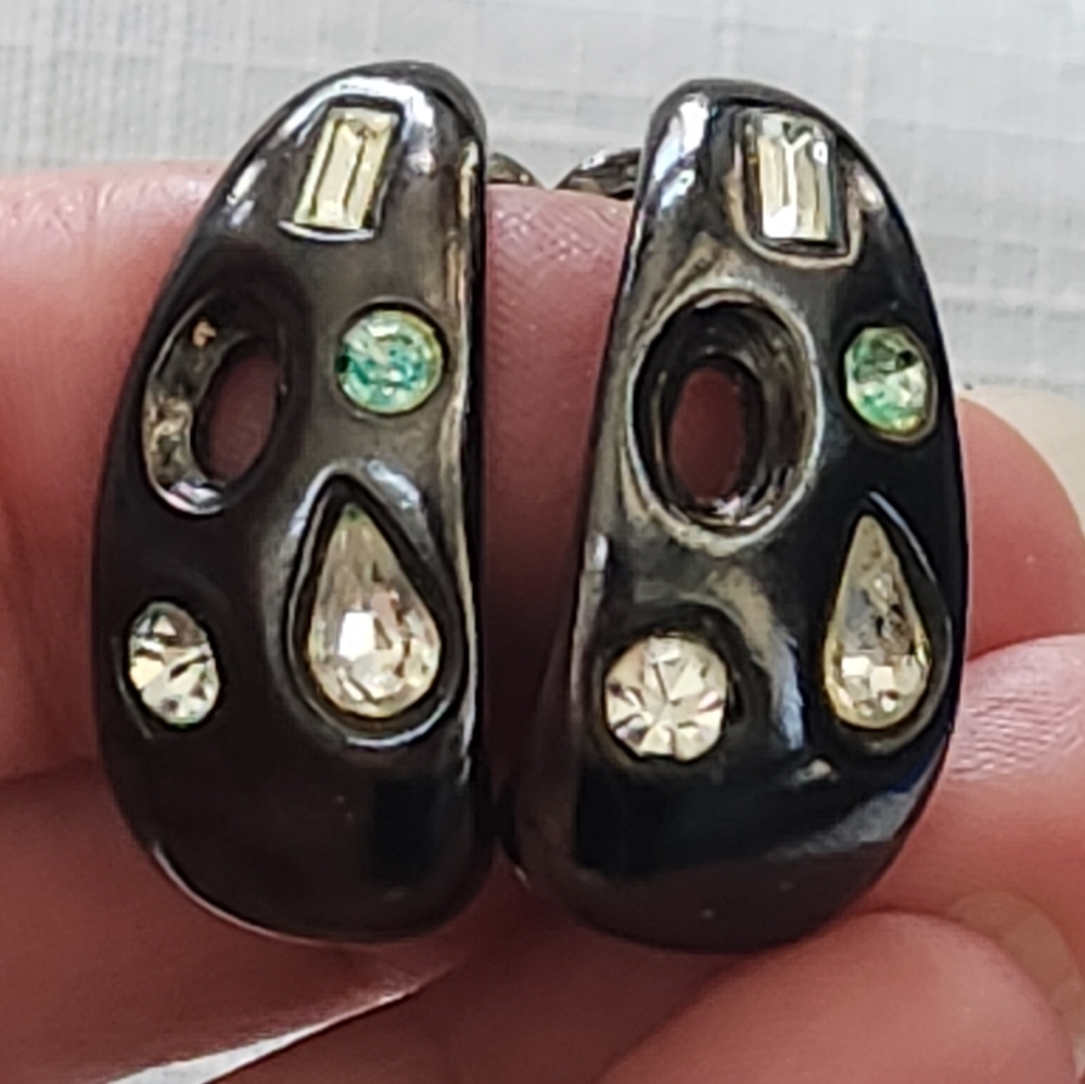 Black Enamel Hoop Earrings With Clear and Light Green Rhinestones. 